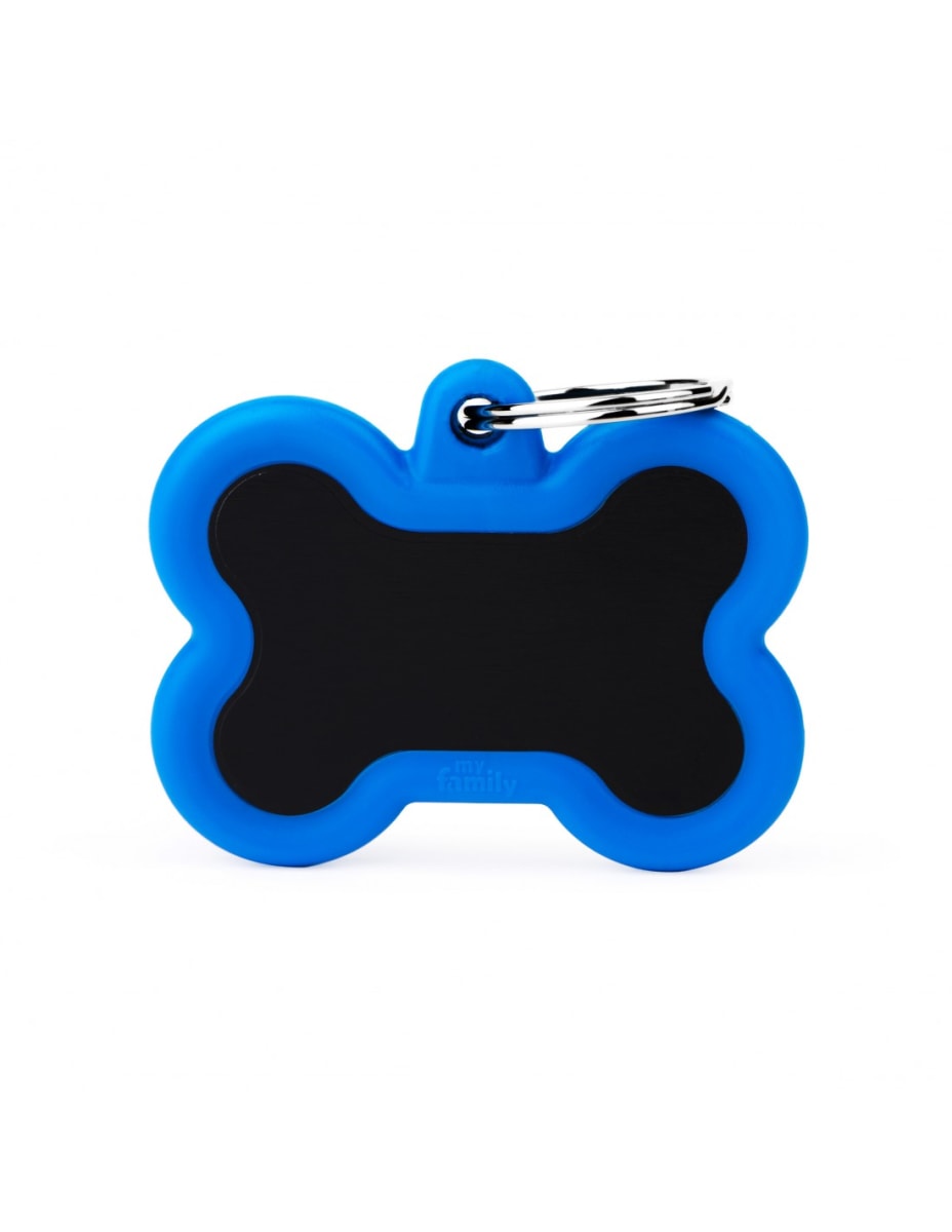 MY FAMILY PLACA HUESITO ALUMINIO NEGRO CON PROTECTOR DE GOMA AZUL1