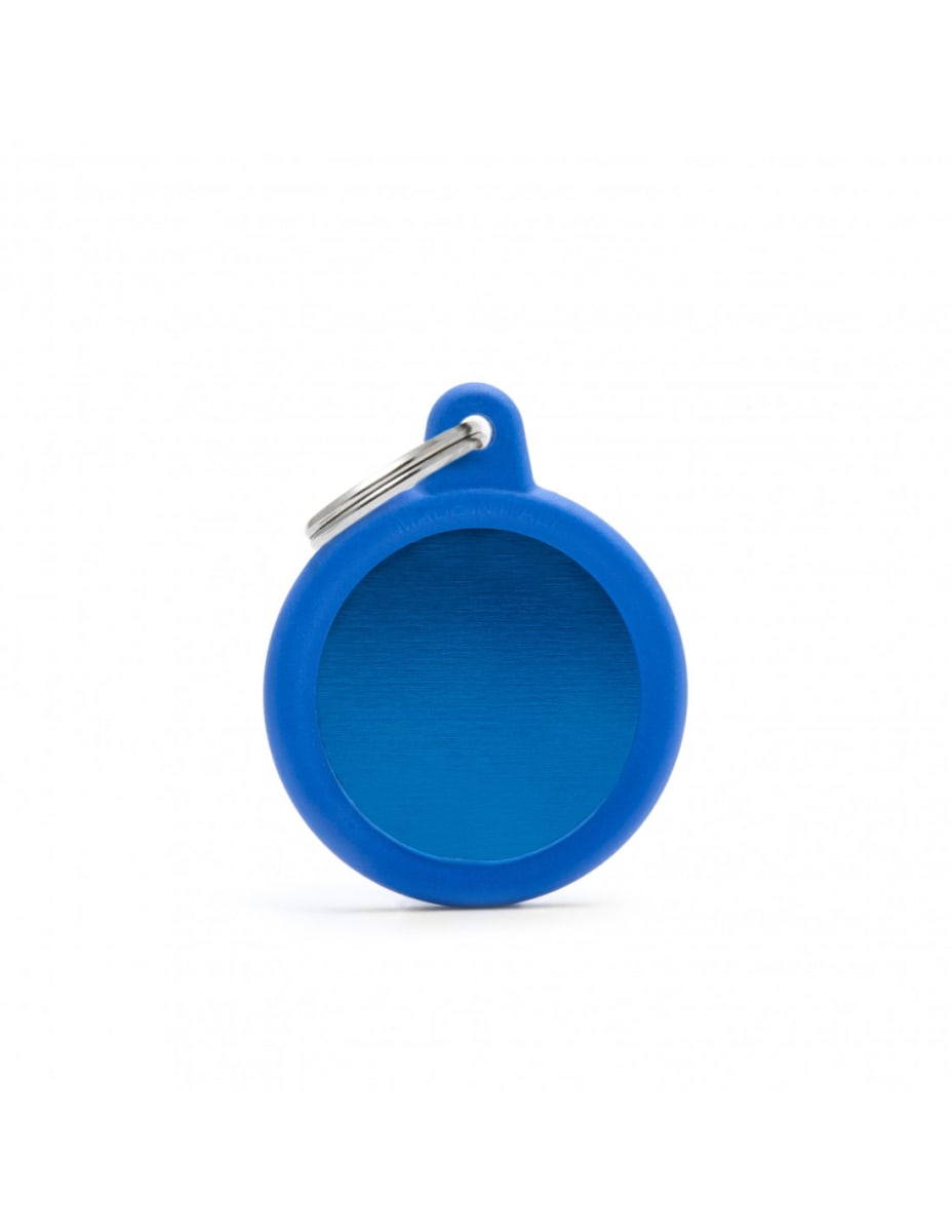 MY FAMILY PLACA CIRCULO ALUMINIO AZUL MATE CON PROTECTOR DE GOMA2