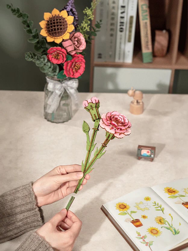 Flor de madera Pink Carnation - Puzzle 3D Madera (124 pcs)2