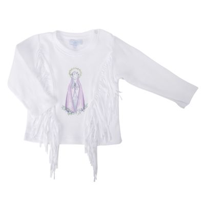 Polera Niña Blanca con flecos y virgencita