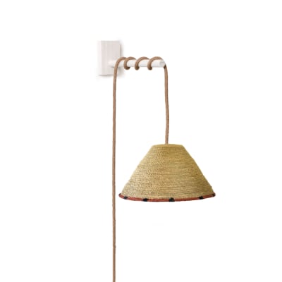 Lámpara Aplique Borde Intercalado de Fibra Natural + Soporte Blanco