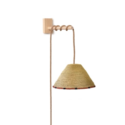 Lámpara Aplique Borde Intercalado de Fibra Natural + Soporte de Pino Natural