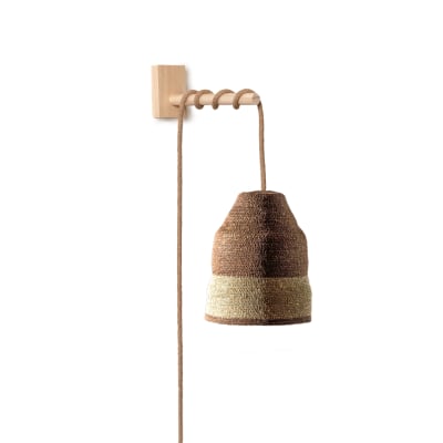 Lámpara Aplique Bicolor de Fibra Natural + Soporte de Pino Natural