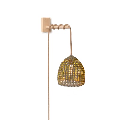 Lámpara Aplique Pajarera de Junquillo de Manila Talla S + Soporte de Pino Natural