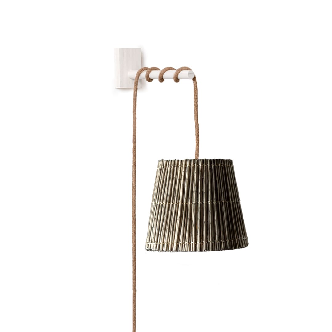 Lámpara Aplique de Mimbre Gris + Soporte Blanco1