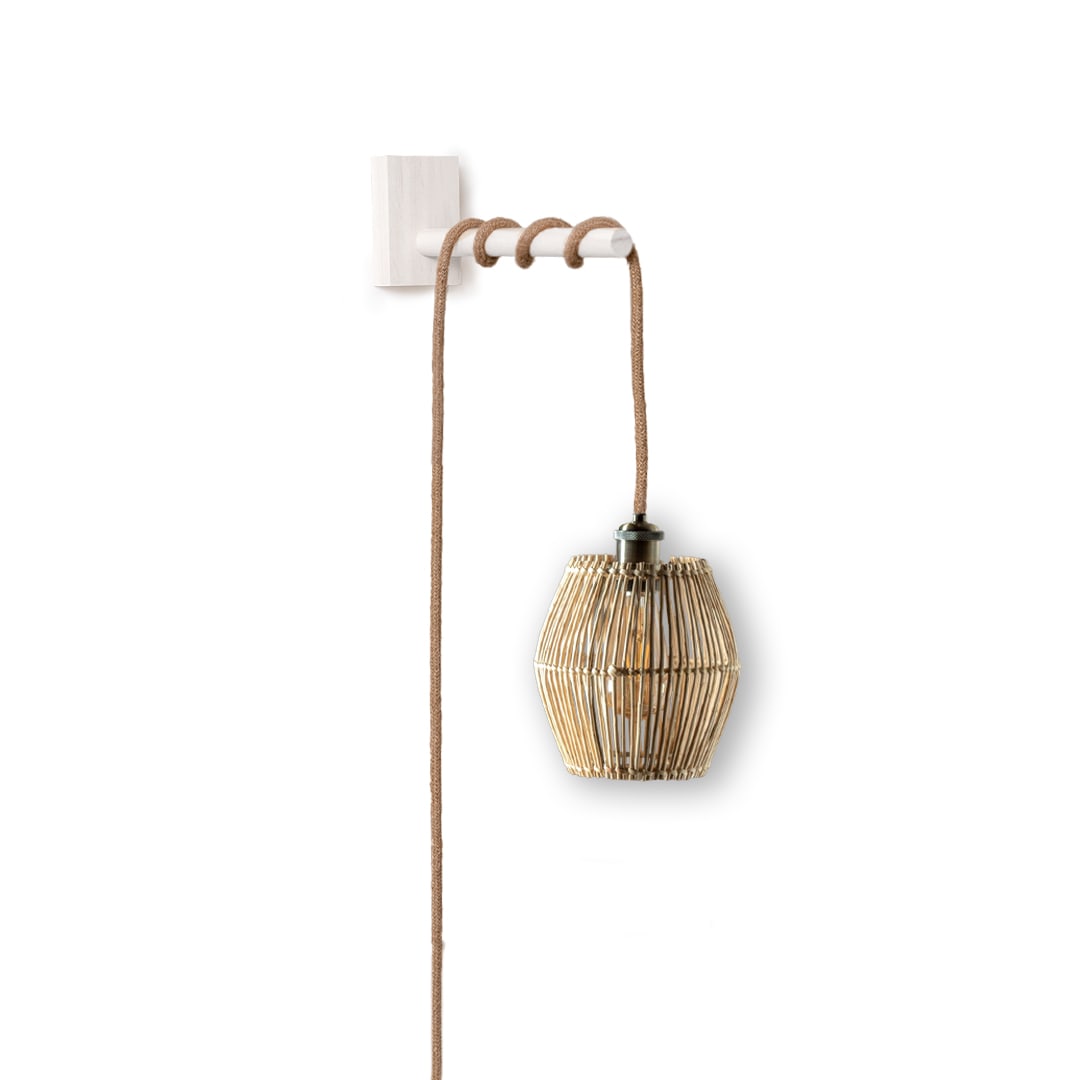 Lámpara Aplique Convexa de Mimbre Natural + Soporte Blanco1