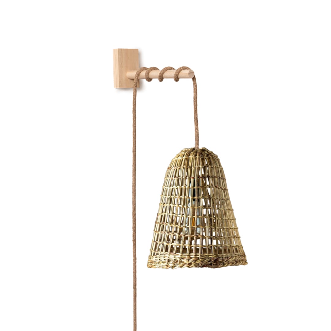 Lámpara Aplique de Manila punto Liso Talla M + Soporte de Pino Natural1