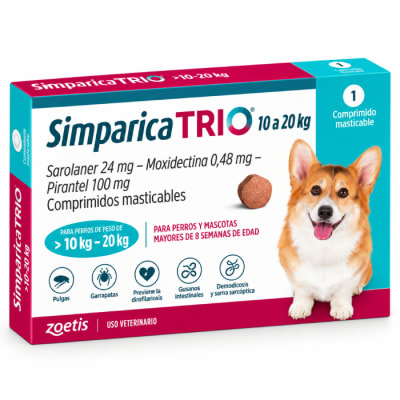 SIMPARICA TRIO X 3 COMP 10 A 20 KG antiparasitario para perros