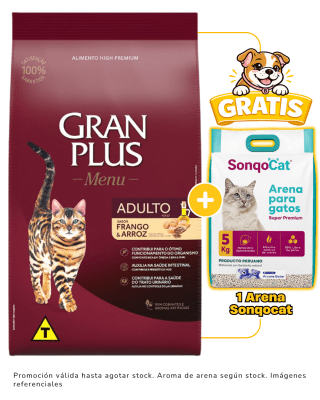 Gran Plus gato adulto pollo & arroz 10.1kg + 1 arena Sonqocat 5 kg gratis