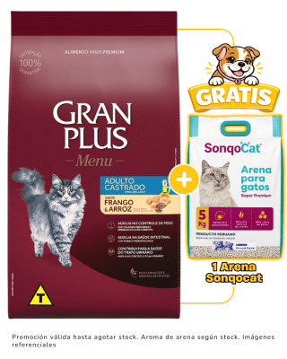 Gran Plus Gato adulto castrado pollo & arroz 10 Kg + 1 arena Sonqocat 5 kg gratis