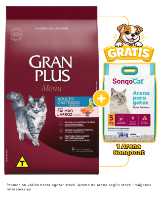 Gran Plus Gato adulto castrado salmón & arroz 10kg + 1 arena Sonqocat 5 kg gratis