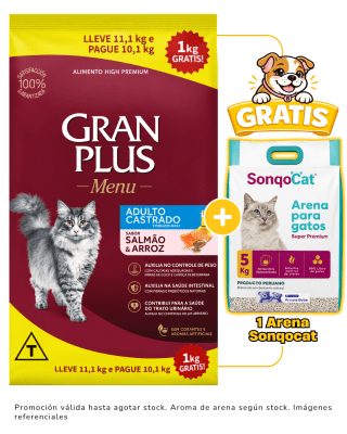 Gran Plus Gato adulto castrado salmón & arroz 11 kg + 1 arena Sonqocat 5 kg gratis