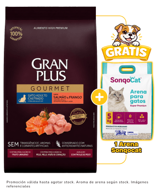 Gran Plus Gato Gourmet Adulto Castrado Salmón & Pollo 10kg + 1 arena Sonqocat 5 kg gratis