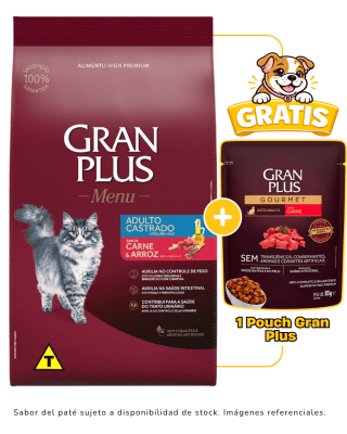 Gran Plus Gato adulto castrado carne & arroz 3kg + 1 pouch Gran Plus 85 g gratis