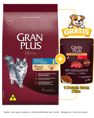Gran Plus Gato adulto castrado pollo & arroz 3kg + 1 pouch Gran Plus 85 g gratis