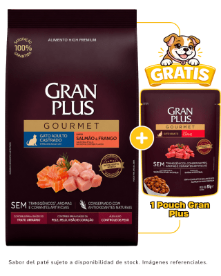 Gran Plus Gato Gourmet Adulto Castrado Salmón & Pollo 3kg + 1 pouch Gran Plus 85 g gratis