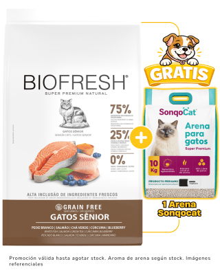 Biofresh Gato Senior Pescado Blanco 7.5kg + 1 arena Sonqocat 10 kg gratis
