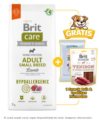 BRIT CARE ADULT SMALL BREED LAMB HYPOALLERGENIC + 1 Snack Brit & 1 paquete de toallitas gratis
