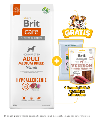 BRIT CARE ADULT MEDIUM BREED LAMB HYPOALLERGENIC 12KG + 1 Snack Brit & 1 paquete de toallitas gratis