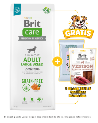BRIT CARE GRAIN FREE ADULT LARGE BREED SALMÓN 12kg + 1 Snack Brit & 1 paquete de toallitas gratis