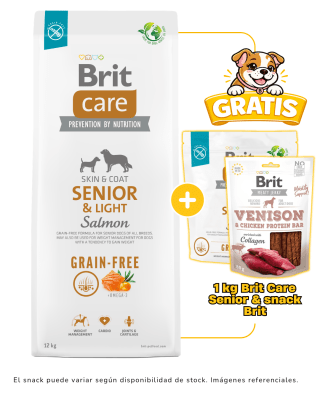BRIT CARE GRAIN FREE SENIOR & LIGHT SALMÓN 12KG + 1kg & snack Brit gratis