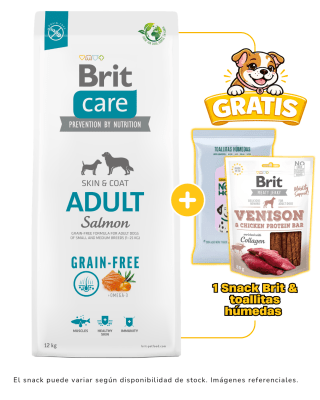 BRIT CARE GRAIN FREE ADULT SALMÓN 12kg + 1 Snack Brit & 1 paquete de toallitas gratis