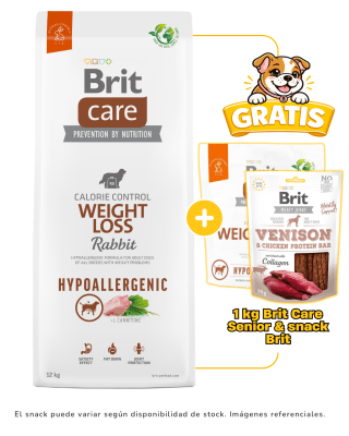 BRIT CARE DOG HYPOALLERGENIC WEIGHT LOSS RABBIT & RICE 12kg + 1kg & snack Brit gratis