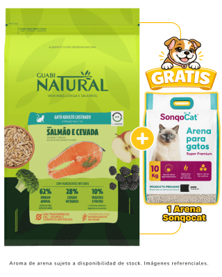 Guabi Natural Gato Adulto Castrado Salmón y Cebada 7.5kg 1 arena Sonqocat 10kg gratis