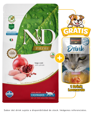 N&D Prime Gato Adulto Castrado (Pollo y Granada) 7.5 kg + 1 Drink Leonardo gratis