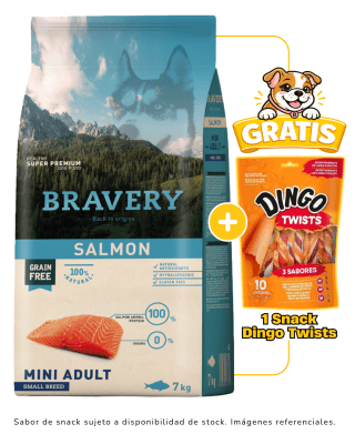 BRAVERY SALMON MINI ADULT SMALL BREEDS 7kg + 1 Snack Dingo gratis
