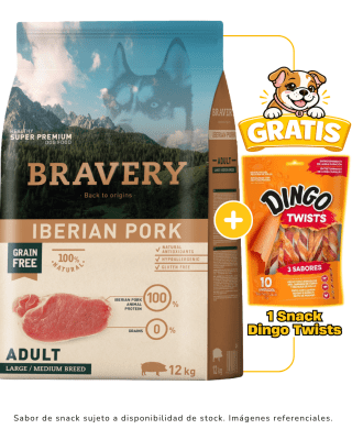BRAVERY IBERIAN PORK ADULT LARGE/MEDIUM BREEDS 12kg + 1 Snack Dingo gratis
