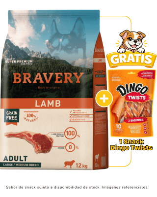 BRAVERY LAMB ADULT LARGE/MEDIUM BREED 12kg + 1 Snack Dingo gratis