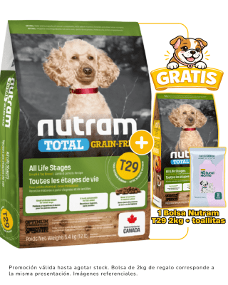 T29 NUTRAM TOTAL GRAIN FREE - ALLERGY LAMB DOG 5.4kg + 2kg & toallitas húmedas Natural Home gratis