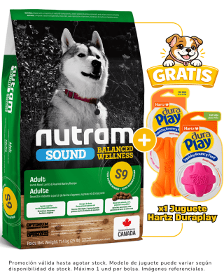 S9 NUTRAM SOUND LAMB ADULT DOG 11.4kg + 1 juguete Hartz gratis