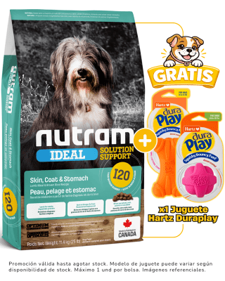 I20 NUTRAM IDEAL SENSITIVE SKIN COAT & STOMATCH DOG 11.4kg + 1 juguete Hartz gratis