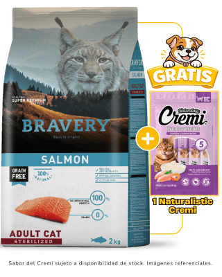 BRAVERY SALMON ADULT CAT STERILIZED 2kg + 1 Cremi naturalistic gratis