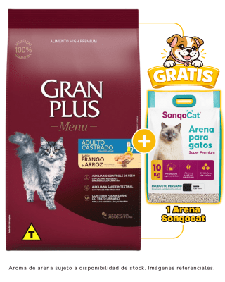 Gran Plus Gato adulto castrado pollo & arroz 10 Kg + 1 arena Sonqocat 10 kg gratis