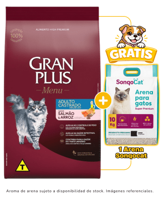 Gran Plus Gato adulto castrado salmón & arroz 10kg + 1 arena Sonqocat 10 kg gratis
