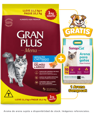 Gran Plus Gato adulto castrado salmón & arroz 11 kg + 1 arena Sonqocat 10 kg gratis