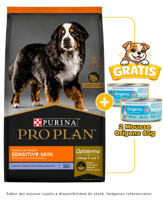 Pro Plan adulto cordero Sensitive Skin todas las razas 7.5 Kg + 2 mousse Origens 85g gratis