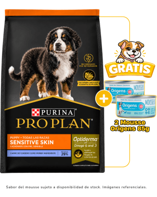 Pro Plan cachorro cordero Sensitive Skin 15kg + 2 mousse Origens 85g gratis