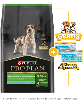 Pro Plan Sensitive Skin and Stomach PAVO Razas Pequeñas 7.5 Kg + 2 mousse Origens 85g gratis