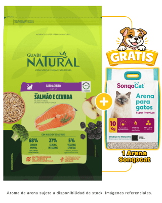 Guabi Natural Gato Adulto Salmón y Cebada 7.5kg +  1 arena Sonqocat 10kg gratis