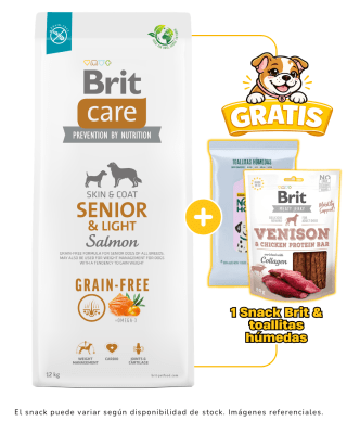 BRIT CARE GRAIN FREE SENIOR & LIGHT SALMÓN 12KG  + 1 snack Brit & 1 paquete de toallitas gratis
