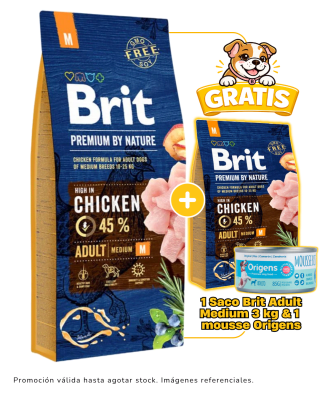 Brit Premium by Nature Adult Medium 15kg + 3 kg gratis & 1 mousse Origens 85 gr gratis