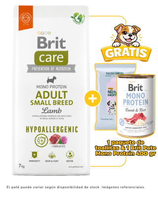 BRIT CARE ADULT SMALL BREED LAMB HYPOALLERGENIC 7kg + 1 paté Brit monoprotein & 1 paquete de toallitas gratis
