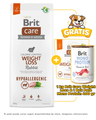 BRIT CARE DOG HYPOALLERGENIC WEIGHT LOSS RABBIT & RICE 12kg + 1kg & 1 paté Brit monoprotein gratis