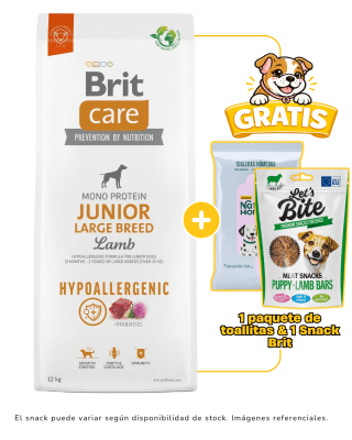 BRIT CARE HYPOALLERGENIC JUNIOR LARGE BREED LAMB 12kg + 1 snack Brit & 1 paquete de toallitas