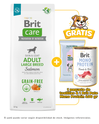 BRIT CARE GRAIN FREE ADULT LARGE BREED SALMÓN 12kg + 1 paquete de toallitas & 1 paté Brit monoprotein gratis