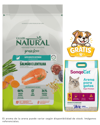 Guabi Natural GF gato adulto castrado salmón y lenteja 7.5 Kg + 1 arena gratis